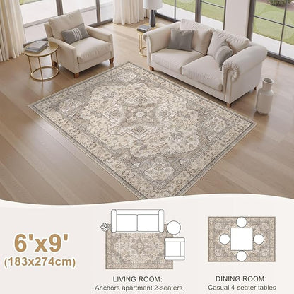 EIEIHOUSE Washable Area Rugs for Living Room - 6x9 Neutral Vintage Distressed Floral Farmhouse Boho Large Soft Floor Rug Indoor Non Slip Carpet for Bedroom Dining Room Office - Brown/Multi
