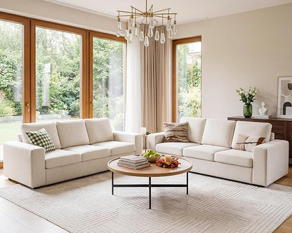 ELUCHANG 85" Modern Couches for Living Room, Natural Linen 3 Seat Sofa, Comfy Deep Seat Sofa, Spring Cushions, Removable Cover, Solid Wood Frame, Easy Assembly Loveseat for Small Space, Beige, 2PCS