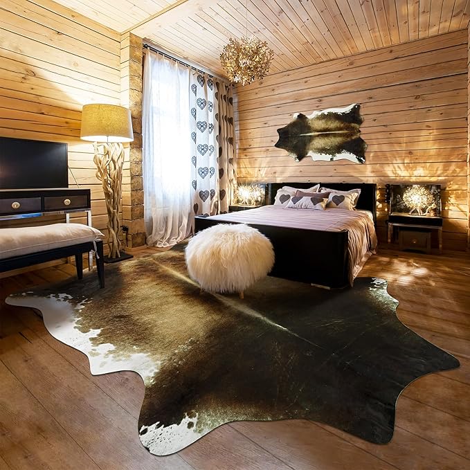 Large Washable Non Slip Faux Cowhide Rug 6x7 Brindle and White, Speckled Cow Print Area Rugs for Living Room, Cruelty-Free Animal Skin Carpet, Western Rustic Room Decor Aesthetic