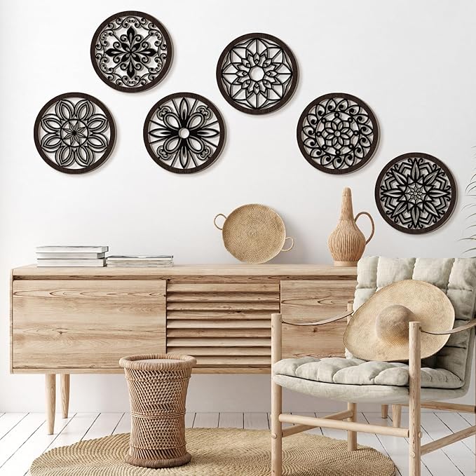 Ferraycle 6 Pieces Thicken Rustic Wall Decor Farmhouse Wall Art Wooden Round Art Hanging Decoration Hollow Carved for Living Room Bedroom Kitchen Office Apartment Hallway(Black Brown)