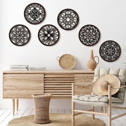 Ferraycle 6 Pieces Thicken Rustic Wall Decor Farmhouse Wall Art Wooden Round Art Hanging Decoration Hollow Carved for Living Room Bedroom Kitchen Office Apartment Hallway(Black Brown)