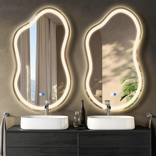 Irregular Led Backlit Bathroom Mirror -24"x36" Single Piece, Asymmetrical Cloud Lighted Vanity Mirror with Lights for Wall, Anit-Fog, Dimmable, Memory (Vertical/Horizontal)