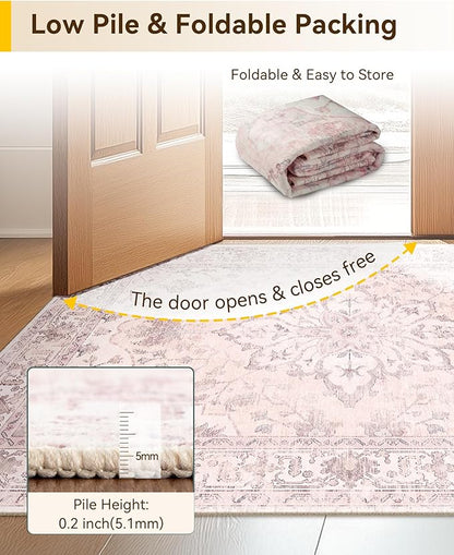RELEANY Area Rugs 7'x10' Washable Non-Slip, Floral Vintage Distress Print Pattern Medallion Carpet for Living Room Bedroom Dining Room, Pink Greypink Cute