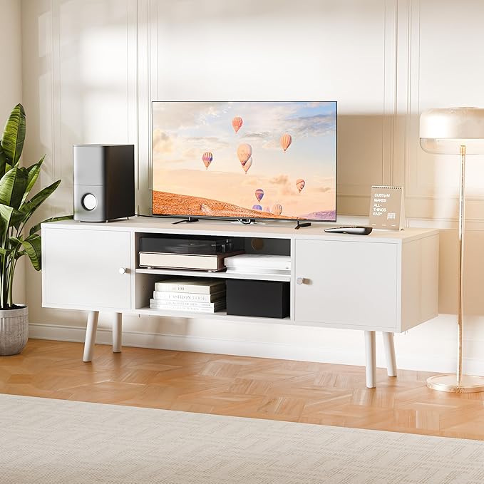 Cozy Castle TV Stand for 48-55 Inch TV, Mid Century Modern Entertainment Center with Storage Cabinet, TV Media Console with Charging Station for Living Room (White, 53.1" W x 15.7" D x 19.7" H)