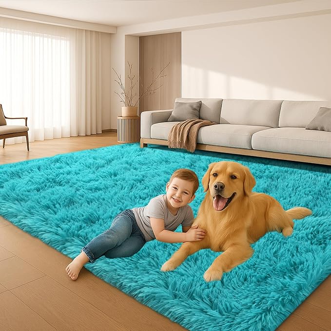 8x10 Area Rugs Living Room, Large Plush Fluffy Bedroom Carpet, Non-Slip Upgraded Indoor Thick Soft Rug, Modern Plush Carpet Suitable for Kids Home Decor Aesthetics Dorm,Teal Blue.