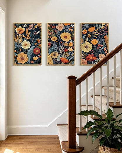 PHOPAGO Vintage Flower Framed Wall Art Large 16x24in Boho Colorful Floral Wall Decor Retro Botanical Wildflower Modern Art Prints Living Room Bedroom Home Decor - Natural Framed