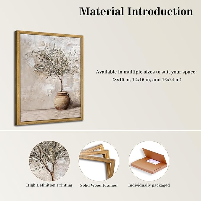 Vintage Olive Tree Canvas Wall Art, Farmhouse Aesthetic Oil Painting, Rustic Potted Plant Wall Decor, Neutral Botanical Print Artwork Picture for Living Room Kitchen Home Decor 8x10 Inch Framed