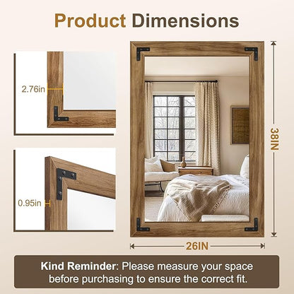 AMOISE Farmhouse Bathroom Vanity Mirror, 38" x 26" Wood Frame Wall Mirror, Vintage Rustic Decor for Entryway, Bedroom, Living Room, Vertical or Horizontal Hanging