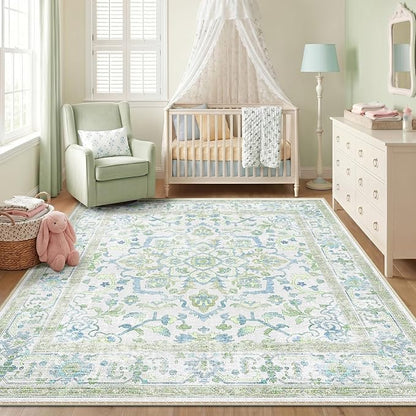 CAPALOCA Machine Washable Rugs Nursery Rug Sq6ft Cute Girl Non Slip Low Pile Water Repellent Soft Print Pattern for Bedroom Indoor Decor Kids Playroom Green Blue