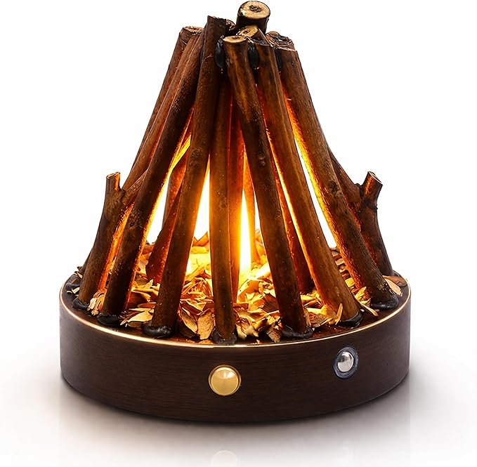 Rechargeable Campfire Night Light with Crackling Sound, Realistic Flame Lamp, 3 Modes, Timer, Portable Wireless Ambient Light for Bedroom Living Room (Walnut)