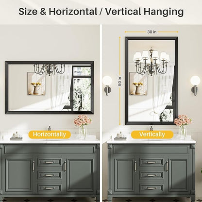 Briivue 50x30 Inch Black Bathroom Mirror for Wall, Thick Metal Framed Rectangle Mirrors for Over Sink, Bedroom, Living Room, Entryway, Anti-Rust, HD Tempered Glass