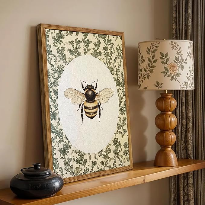 Framed Vintage Bee Wall Art, Rustic Insect Pictures Wall Decor, 3D Textured Sandstone Green Botanical Paintings Prints Cottagecore Home Decor for Living Room Bedroom Office 16x24 inch