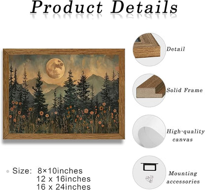 JLTULT Framed Vintage Moon Forest Canvas Wall Art, Moonlight Pine Tree Flower Wall Decor, Woodland Wildflower Picture Prints Artwork for Bedroom Living Room Office Decoration 12x16 inch Easy to Hang