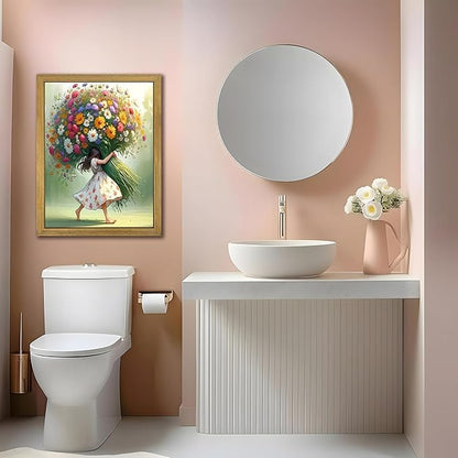 Wood Framed Pink Wildflower Canvas Wall Art, Girl Hugging Flowers Poster Prints Paintings, Teen Girls Preppy Bedroom Decor, Green Room laesthetic Picture for Kids Room Hallway Living Room 16x24 Inch