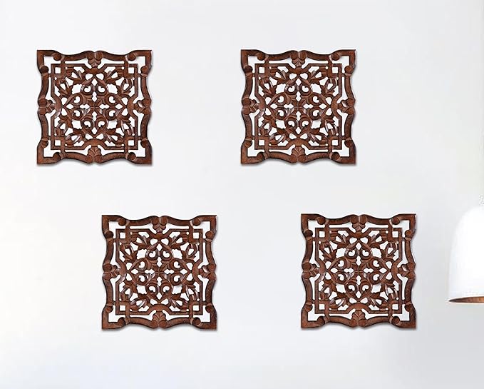 Woodify Hand-Carved Wooden Wall Décor – Set of 4, 12" x 12" Decorative Wood Panels, Floral Design, Natural Burnt Finish, Wall Art for Living Room & Home Décor