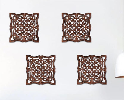 Woodify Hand-Carved Wooden Wall Décor – Set of 4, 12" x 12" Decorative Wood Panels, Floral Design, Natural Burnt Finish, Wall Art for Living Room & Home Décor