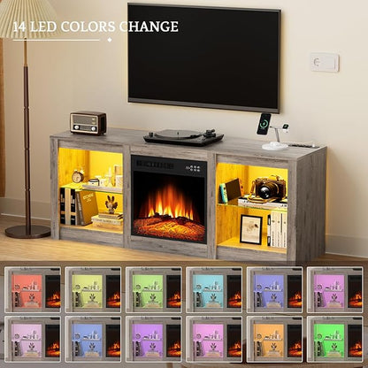 Kucreiheat 58 inch TV Stand with Fireplace-Entertainment Center with LED & Outlet for 65 inch TV-Grey Media Console with Adjustable Glass Shelves, Modern TV Table for Living Room/Bedroom