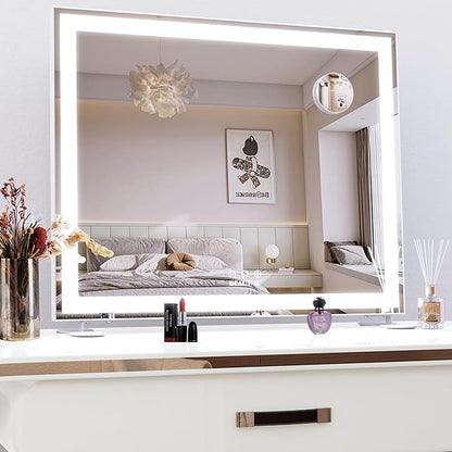 ANYHI Vanity Mirror with Lights, 23.6''x20'' Lighted Vanity Mirror with 10X Magnification, 3 Color Modes, Smart Touch Control, Aluminum Frame, Desktop or Wall Mounted Mirror for Bedroom, White