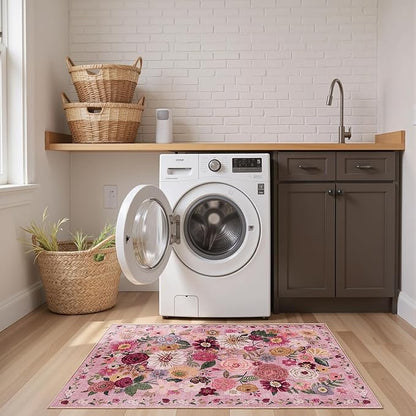 2x5 Entryway Runner Rugs, Non Slip Washable Rugs with Rubber Backing Soft Floral Carpet Runner for Kitchen, Laundry, Bedroom, Bathroom, Pink Garden, 2 x 5