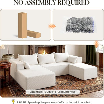 106" Cloud Sectional Boneless Couches for Living Room, Modular U Shaped Couch with Deep Seat, Removable Ottoman, Memory Foam Compressed Spineless 4 Seater Sofa for Bedroom Apartment, Beige