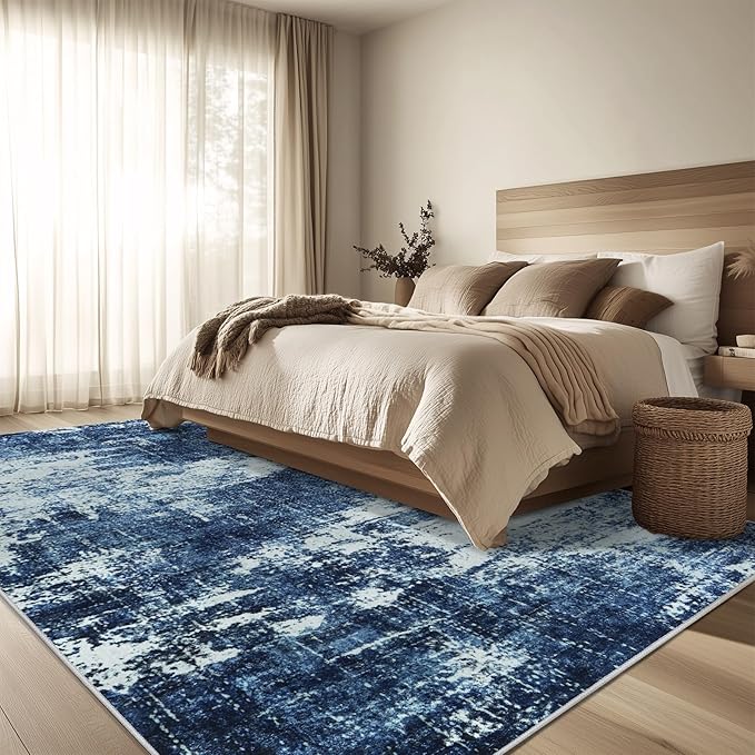 5x7 Area Rug Living Room Rugs - Washable Rug Large Modern Abstract Soft Thin Carpets Indoor Floor No Slip Vintage Carpet for Bedroom Under Dining Table Nursery Home Office Decor Deep Blue