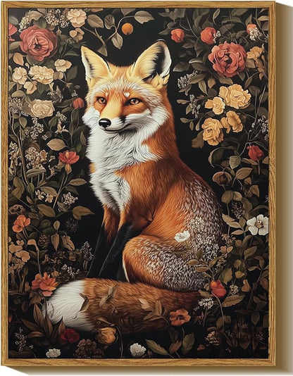 Framed Vintage Wall Art, Vintage Dark Academia Fox Paintings Wall Decor, Woodland Animal Canvas Wall Art Prints Wildlife Botanical Floral Pictures Boho Artwork for Bedroom Living Room 8x10in