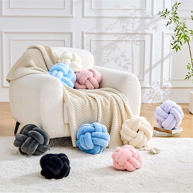 Knot Pillow Ball, Soft Home Decorative Throw Pillows Cushion, Round Changeability Knotted Pillows, Modern Home Handmade Cushions for Bedroom, Sofa, Couch (8 Inch, Ivory)