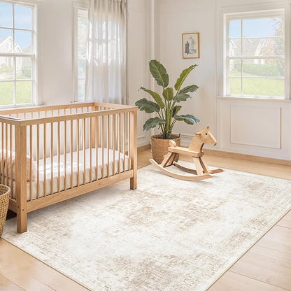 Area Rug 3x5 Washable Rug, Vintage Boho Medallion Entryway Rug Non-Slip Soft Low Pile Small Distressed Floor Carpet Retro Doormat for Kitchen Bedroom Laundry Bathroom Hallway (Beige, 3'x5')