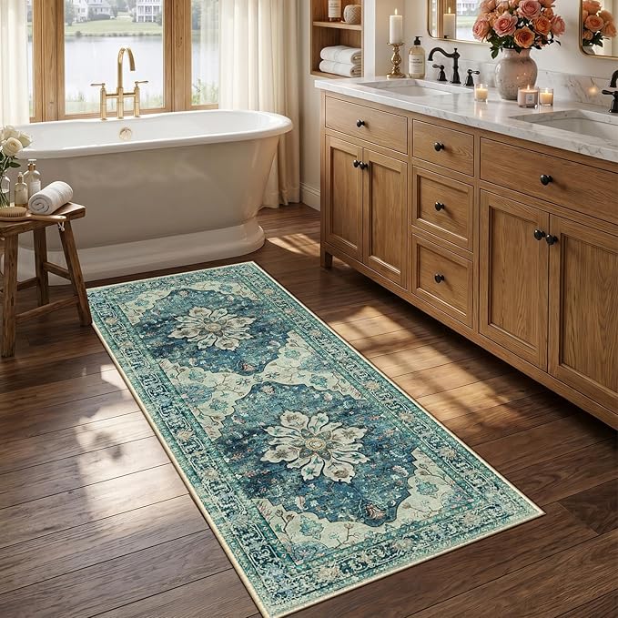 RELEANY Area Rugs 2'6"x5' Runner Rug Non Slip Washable for Kitchen Hallway Bedroom Beside Laundry Room Bathroom Rug, Floor Carpet, Dark Blue Vintage