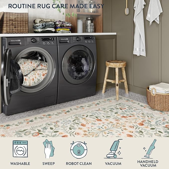Lahome Floral Washable Area Rug 9x12, Extra Large Non Slip Carpet for Living Room Dining Room, Low-Pile Soft Botanical Rug for Bedroom Office, Machine Washable Home Decor, Beige