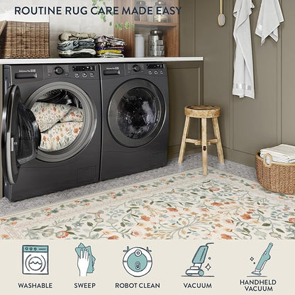 Lahome Floral Washable Area Rug 9x12, Extra Large Non Slip Carpet for Living Room Dining Room, Low-Pile Soft Botanical Rug for Bedroom Office, Machine Washable Home Decor, Beige