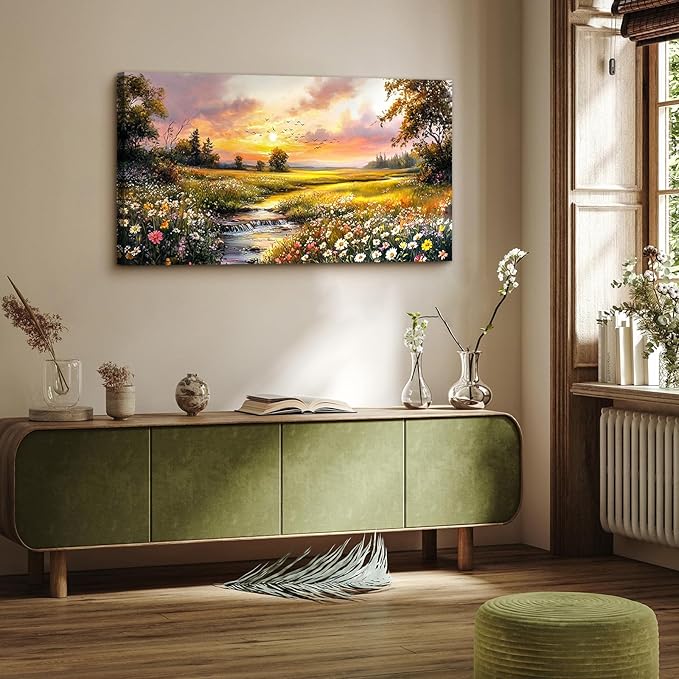 crmotu Sunset Landscape Wall Art, Country River Scenery Large Painting, Nature Wildflower Daisy Artwork for Walls, Rustic Canvas Pictures Wall Decor Living Room Bathroom Kitchen Prints 20X40 In