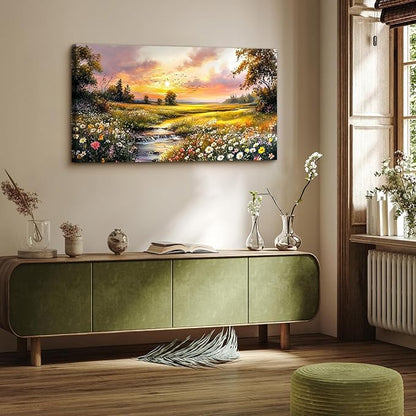 crmotu Sunset Landscape Wall Art, Country River Scenery Large Painting, Nature Wildflower Daisy Artwork for Walls, Rustic Canvas Pictures Wall Decor Living Room Bathroom Kitchen Prints 20X40 In
