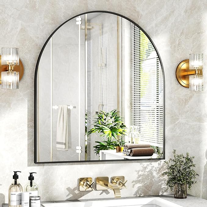 XRAMFY 31"x32" Arched Wall Mirror for Bathroom, Black Vanity Mirror for Bedroom, Living Room, Entryway, Decorative Hanging Mirror for Wall