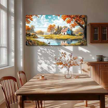 SERIMINO Fall Landscape Large Wall Art, Forest Cottage Rustic Wall Decor, Lake Duck Farmhouse Canvas Painting, Nature House Decorations Living Room Bedroom Dining Room Cottagecore Art Prints 29"X57"