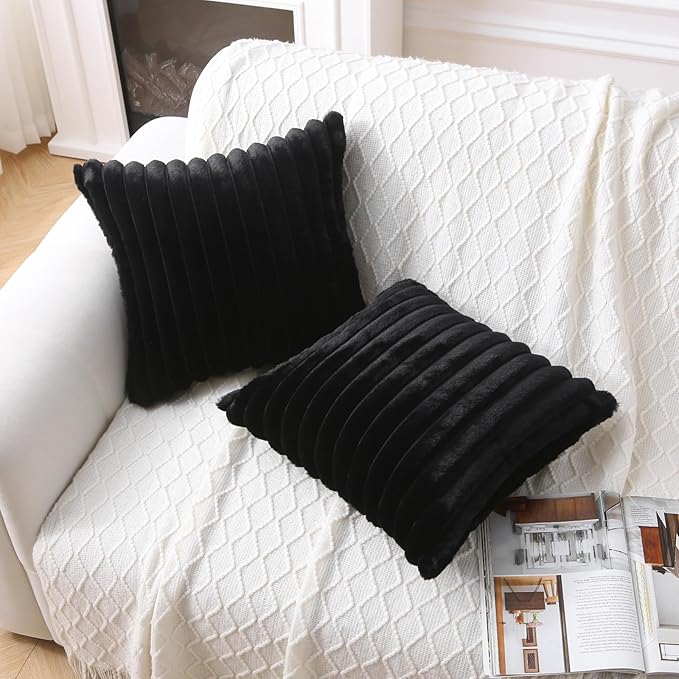 Decorative Throw Pillow with Inserts, Set of 2 Soft Faux Fur Throw Pillows, Square Boho Striped Pillow for Couch, Bed, Sofa Decor(Black, 18" x 18")