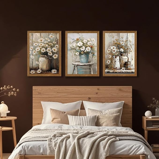 DUWQU 3 Piece Framed Elegant Farmhouse Canvas Wall Art, Vintage Floral Pictures Wall Decor, Nature Themed Daisy Art Prints for Living Room Bedroom Kitchen and Office Ready to Hang 12×16 Inches