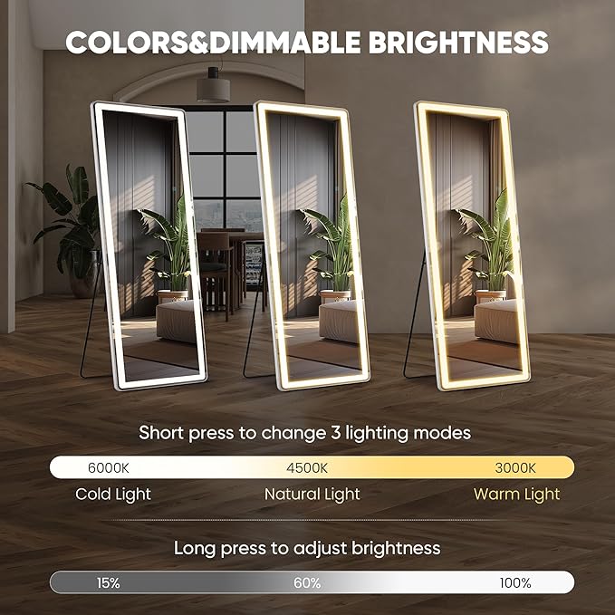 Full Length Mirror with Stand 21"×64", Upgraded Full Body Mirrors with LED Light 3 Color Lighting, Floor Standing, Hanging or Leaning Modern Simple Home Wall Decor, White