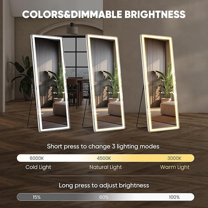 Full Length Mirror with Stand 21"×64", Upgraded Full Body Mirrors with LED Light 3 Color Lighting, Floor Standing, Hanging or Leaning Modern Simple Home Wall Decor, White