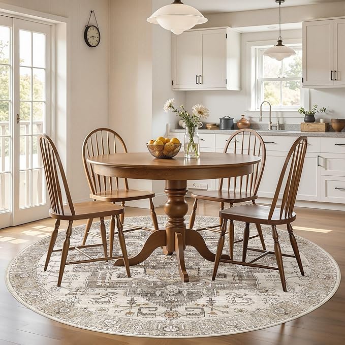 8x8 Round Area Rugs Washable Vintage - Soft Traditional Rugs for Living Room Large Non Slip Backing with Low Pile Farmhouse Oriental Retro Carpet for Bedroom Dining Room or Home Office - Light Brown