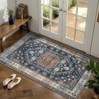 Tangsoo Vintage 2x4 Washable Rusg for Entryway,Non Slip Kitchen Rugs Indoor Front Door Rug，Small Throw Mat Boho Soft Low Pile Carpet for Kitchen Bedroom Entrance Bathroom Entry Blue Orange