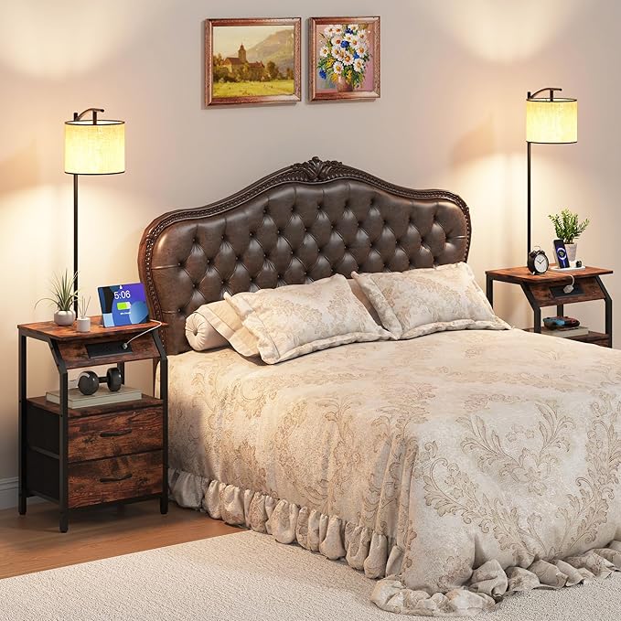 End Table with Floor Lamp, Nightstand with Charging Station, Floor Lamp Table with 3-Color Temperature Bulb, Bedside Table Night Stand with 2 Drawers for Bedroom, Living Room, Brown