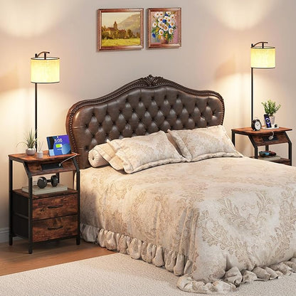 End Table with Floor Lamp, Nightstand with Charging Station, Floor Lamp Table with 3-Color Temperature Bulb, Bedside Table Night Stand with 2 Drawers for Bedroom, Living Room, Brown