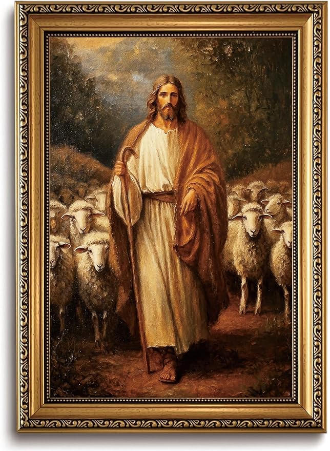 WZGZXU Vintage Gold Framed Wall Art Jesus Wall Decor Christian Canvas Art Jesus Sheep Pictures Religious Painting Print For Living Room Bedroom Church 16X24in