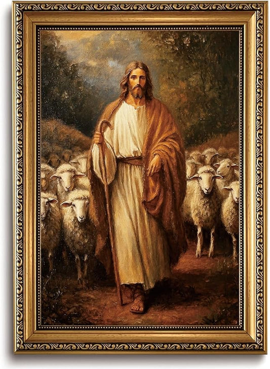 WZGZXU Vintage Gold Framed Wall Art Jesus Wall Decor Christian Canvas Art Jesus Sheep Pictures Religious Painting Print For Living Room Bedroom Church 16X24in