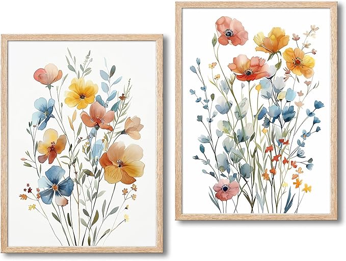 Framed Colorful Flowers Canvas Wall Art for Bathroom Decor, Blue Floral Print, Yellow Orange Flowers Artwork Pictures Poster for Bedroom Living Room Office Decoration 12"x16"x2 Panels