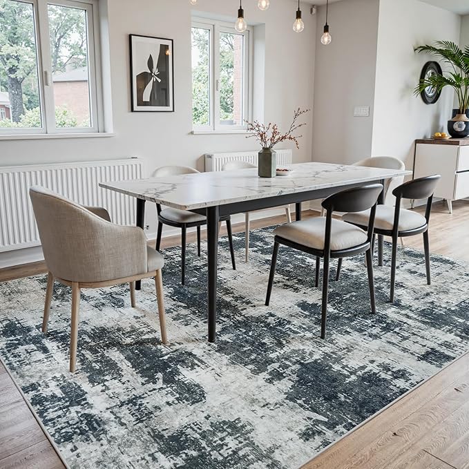 Area Rug 5x7 Living Room Rug Washable: No-Slip Abstract Soft Thin Large Black Rugs, Indoor Floor Stain Resistant Modern Carpet for Bedroom Dining Room Farmhouse Nursery Home Office (Black, 5'x7')