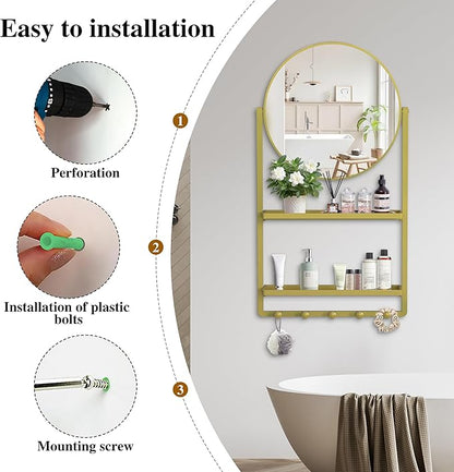 39.5" × 21.7" Gold Round Wall Mirror with Shelf and Hooks, 10° Adjustable Tilt Metal Frame Bathroom Mirror with Shelf for Bedroom, Entryway, Living Room