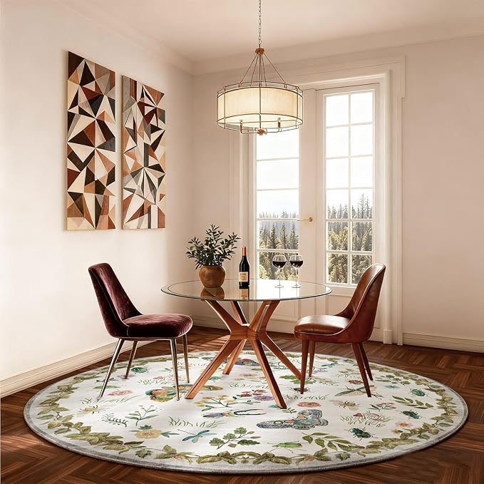 Washable Round Rugs for Bedroom 4ft: Living Room Rug Stain Resistant Non Slip Low Pile Ultra Soft Faux Wool Small Circle Rugs for Entryway Kitchen Bathroom Nursery Dorm Home Office Entrance Indoor