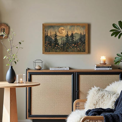JLTULT Framed Vintage Moon Forest Canvas Wall Art, Moonlight Pine Tree Flower Wall Decor, Woodland Wildflower Picture Prints Artwork for Bedroom Living Room Office Decoration 16x24 inch Easy to Hang